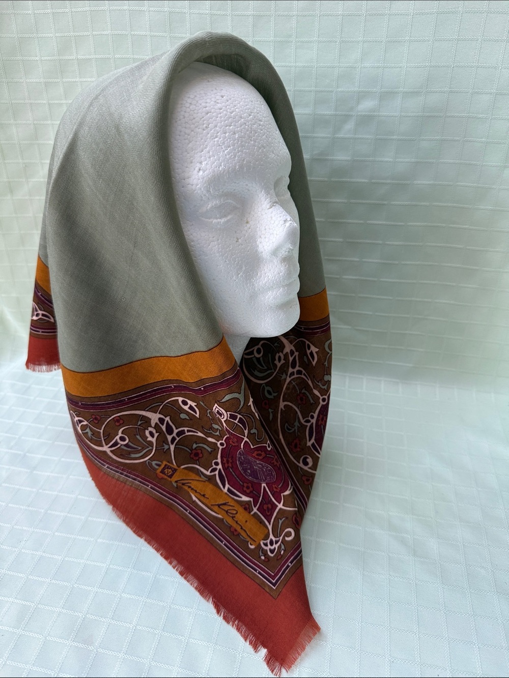 Vintage Anne Klein Wool Scarf in Sage, Rust & Mustard